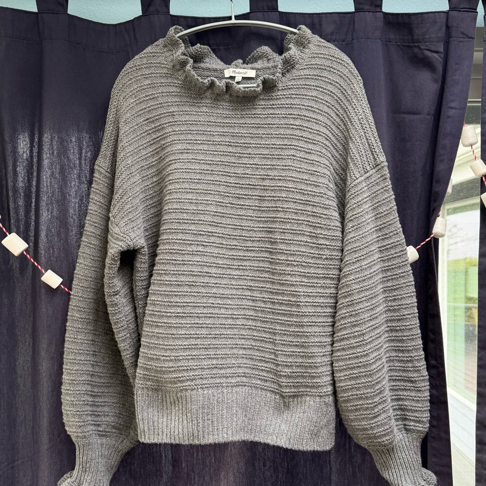 Madewell Gray Ruffled Knit Sweater
